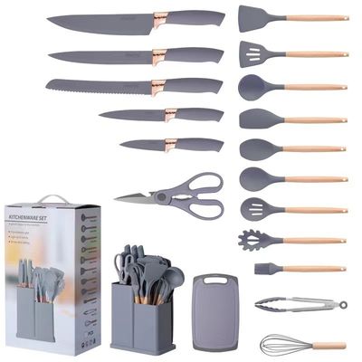 木製のハンドル19片 シリコン キッチン用具セット 切板 貯蔵バケツ