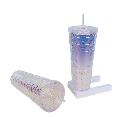 水流方法 クリエイティブ ストローカップ プラスチック ダブルレイヤー フレッシュ ピンク フィッシュスケールカップ