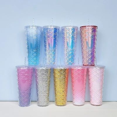 水流方法 クリエイティブ ストローカップ プラスチック ダブルレイヤー フレッシュ ピンク フィッシュスケールカップ
