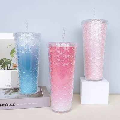 水流方法 クリエイティブ ストローカップ プラスチック ダブルレイヤー フレッシュ ピンク フィッシュスケールカップ