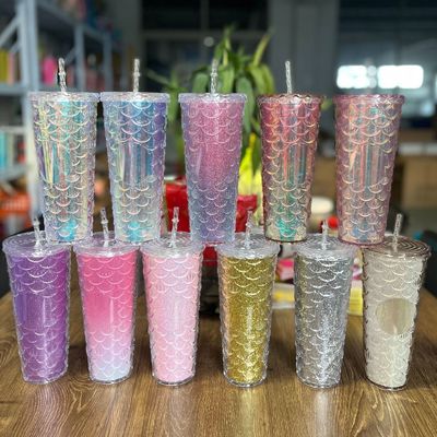 水流方法 クリエイティブ ストローカップ プラスチック ダブルレイヤー フレッシュ ピンク フィッシュスケールカップ