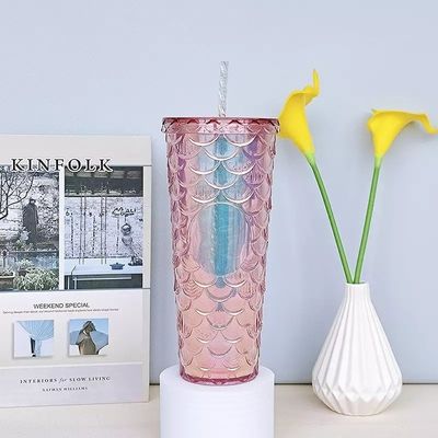 水流方法 クリエイティブ ストローカップ プラスチック ダブルレイヤー フレッシュ ピンク フィッシュスケールカップ