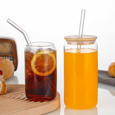 キッチン BPA 無料 ボロシリケート ガラス 水瓶 竹の蓋とガラスストロー