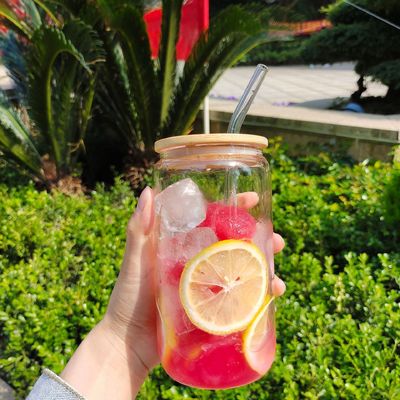 キッチン BPA 無料 ボロシリケート ガラス 水瓶 竹の蓋とガラスストロー