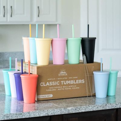 カスタムAS PP ダブルウォールカラーアクリルマット黒 蓋とストローのプラスチックタンブラーカップ