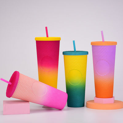16オンス 24オンス カフェカップ ダブルウォール プラスチック 虹彩色 マットカップ ストローのタムラー