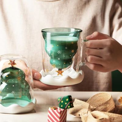 300ml ガラス クリスマス ダブル ウォール カップ 可愛いデザインとカスタム ロゴ ギフト ボックス