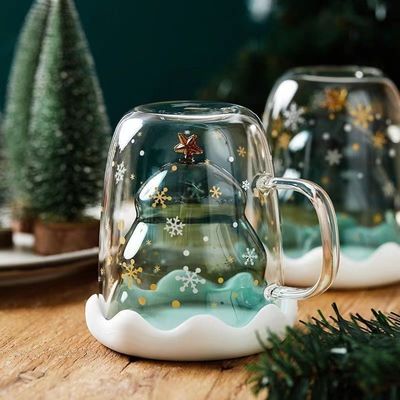 300ml ガラス クリスマス ダブル ウォール カップ 可愛いデザインとカスタム ロゴ ギフト ボックス